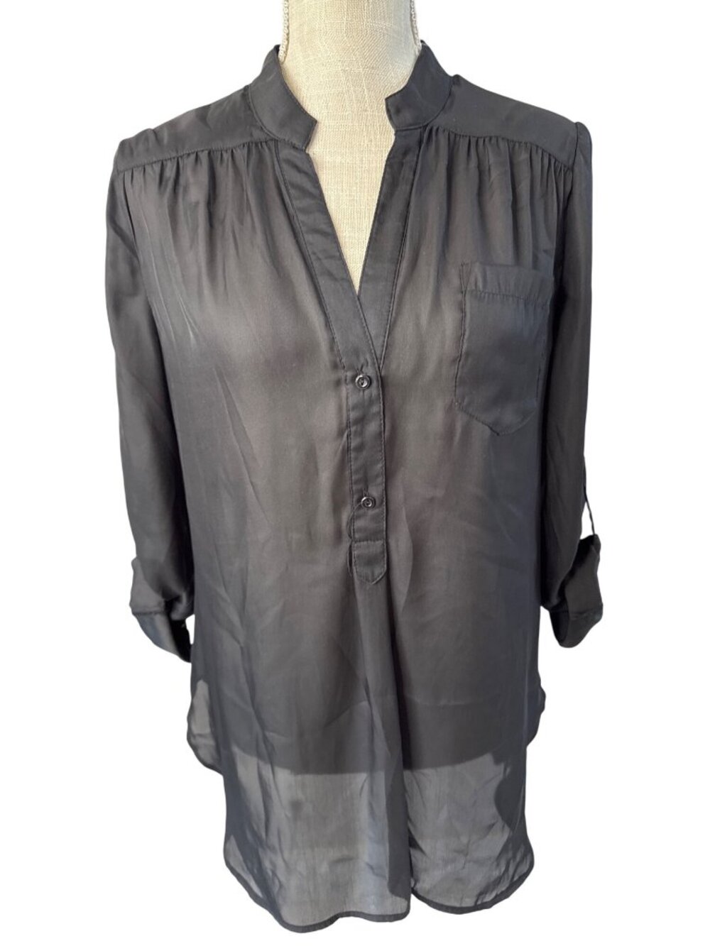 Love Culture Womens Sheer Black Button-Down Blouse With Roll-Tab Sleeves Size L